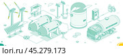 Isometric hydrogen energy. H2 electrolysis plant station. Outline objects. Hydrogen factory with solar cells and wind turbines. Truck car with cistern. Стоковая иллюстрация, иллюстратор Игорь Сорокин / Фотобанк Лори