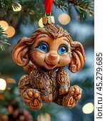 Cute baby mammoth on a Christmas tree, bright Christmas tree toy. New Year's decor. Festive New Year's atmosphere. Стоковое AI-изображение, AI-художник Сергей Елизарьев / Фотобанк Лори