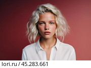 Fashion portrait of beautiful caucasian young woman isolated on colorful studio background. Complicated girl looks puzzled, frowning, sulking while thinking, makes decision, feel suspicious disbelief. Стоковое AI-изображение, AI-художник Sergey Grishin / Фотобанк Лори