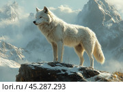 A majestic white wolf standing on top of a snowy cliff against a backdrop of snow-capped mountains. The wolf looks into the distance, its thick fur reflecting the cold mountain air. The background creates an atmosphere of grandeur and freedom, conveying the harsh beauty of the wild. This image is perfect for illustrating themes related to nature, wild life, and fortitude. Стоковое AI-изображение, AI-художник Анна Кривицкая / Фотобанк Лори
