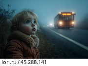 Lost child girl is dangerously close to highway in evening with low visibility. Стоковое AI-изображение, AI-художник Владимир Григорьев / Фотобанк Лори