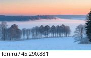 Breathtaking winter landscape at dawn. Soft pink and blue light illuminates the snowy fields and trees, creating a soft, calm atmosphere. In the distance, fog can be seen enveloping the forest, adding mystery and magic to the image. The bare trees in the foreground give the landscape natural beauty and simplicity, emphasizing the harmony of nature. Стоковое AI-изображение, AI-художник Анна Кривицкая / Фотобанк Лори