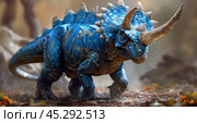 Blue Triceratops Dinosaur In Forest. Стоковое AI-изображение, AI-художник Юлия Гапеенко / Фотобанк Лори