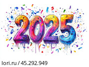 The numbers 2025, made in the style of graffiti, are like an abstract painting that has come to life on a white background. Multicolored streaks of paint flow from them in all directions, creating an atmosphere of unpredictability, dynamics, and abstract art. Стоковое AI-изображение, AI-художник Ярославский Максим / Фотобанк Лори