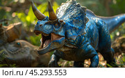 Blue Triceratops Dinosaur in Lush Forest. Стоковое AI-изображение, AI-художник Юлия Гапеенко / Фотобанк Лори