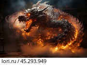 Ferocious fire-breathing dragon with big claws and fangs, a scary mystical creature. Стоковое AI-изображение, AI-художник Станислав Тарко / Фотобанк Лори