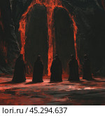 Dark and mysterious atmosphere, depicting a group of people in dark cloaks standing in front of a giant fiery gate built into the stone walls of a cave. The bright red light coming from the gate contrasts with the dark silhouettes, adding a sense of ominous mysticism and ritual. The painting is reminiscent of scenes from fantasy or mystical works, making it suitable for use in the horror, darkness and fantasy genres. Стоковое AI-изображение, AI-художник Анна Кривицкая / Фотобанк Лори
