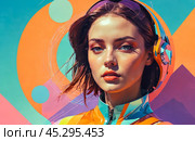 Vibrant image of young woman, donning colorful headphones. Abstract shapes and bright hues of blue, orange, purple surround. Ideal for conveying energetic, youthful vibes. Стоковое AI-изображение, AI-художник Павел Муравьев / Фотобанк Лори