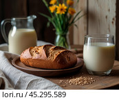 On a wooden table there is fresh, just baked wheat bread. Still life. Стоковое AI-изображение, AI-художник Сергей Елизарьев / Фотобанк Лори