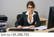 Young Professional Woman in Business Attire Feeling Overwhelmed Amidst Chaos of Work Tasks in Disorganized Workspace. Стоковое AI-изображение, AI-художник Павел Муравьев / Фотобанк Лори