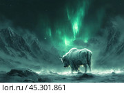 A fantasy-style image of a majestic bison or yak standing on a snowy plain surrounded by rugged mountains. The backdrop is a mesmerizing aurora borealis, casting a green and turquoise glow across the night sky. The painting conveys an atmosphere of mystery and the power of nature. The night scene with its magical glow highlights the majesty of the animal and the ruggedness of the surrounding nature, creating the effect of immersion in a world of fantasy and mysticism. Стоковое AI-изображение, AI-художник Анна Кривицкая / Фотобанк Лори