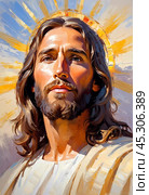 Portrait of a Man Dressed as Jesus. White robe. Long brown hair and beard. Man appears to be in his early 30s, and he has a serious expression on his face. Christian religion and faith. AI. Стоковое AI-изображение, AI-художник Юлия Петровская / Фотобанк Лори