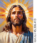 Portrait of a Man Dressed as Jesus. White robe. Long brown hair and beard. Man appears to be in his early 30s, and he has a serious expression on his face. Christian religion and faith. AI. Стоковое AI-изображение, AI-художник Юлия Петровская / Фотобанк Лори