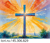 A stunning sunset illuminates a large wooden cross, radiating colorful rays of light. In the distance, a quaint chapel completes this serene rural landscape. A radiant sun shining through a cross. AI. Стоковое AI-изображение, AI-художник Юлия Петровская / Фотобанк Лори