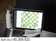 Chess task on laptop screen online. Near antibacterial spray and medical mask. Leisure in self-isolation. International chess day. Стоковое фото, фотограф Vadzim Yakubovich / Фотобанк Лори