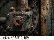Rusty industrial valve covered in grime leaking oil. Стоковое AI-изображение, AI-художник Иван Рябоконь / Фотобанк Лори