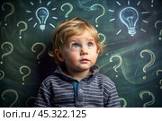 Development and education of children. A thoughtful boy on a dark background with a light bulb and question marks . Brainstorming and the concept of an idea. Стоковое AI-изображение, AI-художник Photojuli / Фотобанк Лори