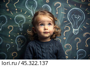 Development and education of children. A thoughtful girls on a dark background with a light bulb and question marks . Brainstorming and the concept of an idea. Стоковое AI-изображение, AI-художник Photojuli / Фотобанк Лори