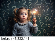 Development and education of children. A thoughtful girls on a dark background with a light bulb and question marks . Brainstorming and the concept of an idea. Стоковое AI-изображение, AI-художник Photojuli / Фотобанк Лори
