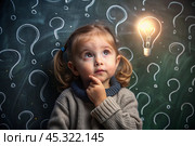 Development and education of children. A thoughtful girls on a dark background with a light bulb and question marks . Brainstorming and the concept of an idea. Стоковое AI-изображение, AI-художник Photojuli / Фотобанк Лори