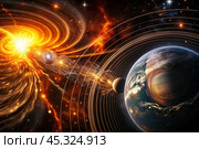 An image of a magnetic storm, a solar flare covering the earth, the sun, the globe. Feeling unwell. Solar radiation. Стоковое AI-изображение, AI-художник Photojuli / Фотобанк Лори