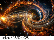 An image of a magnetic storm, a solar flare covering the earth, the sun, the globe. Feeling unwell. Solar radiation. Стоковое AI-изображение, AI-художник Photojuli / Фотобанк Лори