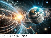 An image of a magnetic storm, a solar flare covering the earth, the sun, the globe. Feeling unwell. Solar radiation. Стоковое AI-изображение, AI-художник Photojuli / Фотобанк Лори