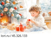 Веселый малыш с новогодними подарками сидит у камина. Стоковое AI-изображение, AI-художник Щеголева Ольга / Фотобанк Лори