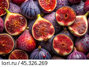 There are a lot of figs with a delicate purple skin and in the cut. A frame showing the natural texture and color. Close-up of fruits. Стоковое AI-изображение, AI-художник Photojuli / Фотобанк Лори