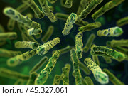 Microscopic view of bacteria cells floating through body system. Стоковое AI-изображение, AI-художник Иван Рябоконь / Фотобанк Лори