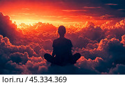 Tranquil meditation scene, individual amidst mountains at dusk, achieving mental balance, solitude in nature embrace, spiritual journey. Стоковое AI-изображение, AI-художник Павел Муравьев / Фотобанк Лори