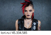 Urban Punk Fashion, Young woman with red and black hair, studded choker, and sleeveless top. Represents rebellious subculture style. Стоковое AI-изображение, AI-художник Павел Муравьев / Фотобанк Лори