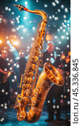 Shiny saxophone gleaming under stage lights during jazz concert. Стоковое AI-изображение, AI-художник Юрий Поздников / Фотобанк Лори