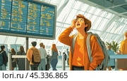 Shocked tourist looking at flight cancellations on airport screen. Стоковое AI-изображение, AI-художник Юрий Поздников / Фотобанк Лори