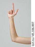 Woman's Hand Pointing Upwards Against a Grey Background. Стоковое фото, фотограф Сергей Толмачёв / Фотобанк Лори