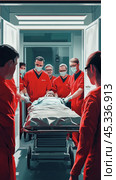 Medical team transporting patient on gurney through hospital corridor. Стоковое AI-изображение, AI-художник Юрий Поздников / Фотобанк Лори
