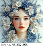 A young woman surrounded by delicate white and blue flowers in a serene and artistic display during springtime. Стоковое AI-изображение, AI-художник Елена Зубкова / Фотобанк Лори