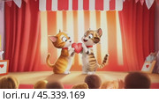 Two cute kittens showing heart on stage receiving applause from audience. Стоковое AI-видео, аниматор Юрий Поздников / Фотобанк Лори