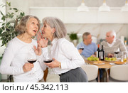 Elderly women have withdrawn from their male companions, stand with glass of wine in hands, chatting. Стоковое фото, фотограф Яков Филимонов / Фотобанк Лори