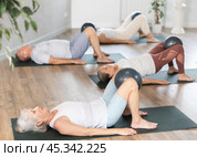 People lying on karemat, pulled bent legs to themselves and clamped soft-ball in knee. Стоковое фото, фотограф Яков Филимонов / Фотобанк Лори