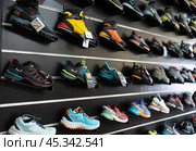 On black wooden wall of showcase - there are samples of models of hiking and climbing shoes (2023 год). Редакционное фото, фотограф Яков Филимонов / Фотобанк Лори