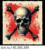 Jolly Roger on a bloody background. Стоковое AI-изображение, AI-художник RamA / Фотобанк Лори