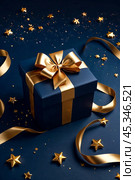 Dark blue Christmas present gift box with elegant gold bow ribbon on dark blue near stars. Greeting gift symbolize sophisticated holiday gifting. Birthday Christmas festive concept. Copy ad text space. Стоковое AI-изображение, AI-художник Aleksandr Golubev / Фотобанк Лори