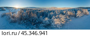 Wide winter panorama of a snow-covered forest park. In the distance is the northern city. Cold weather. Larch trees in the snow. Neighborhoods of the city of Magadan, Magadan region, Russian Far East. Стоковое фото, фотограф Андрей Степанов / Фотобанк Лори