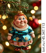 Freken Bock on a Christmas tree branch, bright Christmas tree toy. New Year's decor. Festive New Year's atmosphere. Стоковое AI-изображение, AI-художник Сергей Елизарьев / Фотобанк Лори