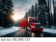 Export freight logistics transportation by red van truck. Red semi container truck driving on winter highway at forest, fast blurred motion effect. Import cargo travelling concept. Copy ad text space. Стоковое AI-изображение, AI-художник Aleksandr Golubev / Фотобанк Лори