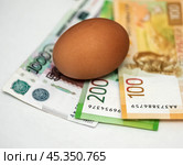 Удорожание продуктов. Куриное яйцо и российские деньги. Стоковое фото, фотограф Игорь Низов / Фотобанк Лори