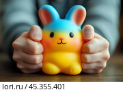 Человек сжимает руками разноцветную игрушку. Стоковое AI-изображение, AI-художник Щеголева Ольга / Фотобанк Лори