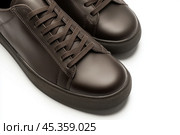 Dark brown leather lace-up running shoes with low tops, thick soles. The laces and black rubber outsole. Sporty look. Men to wear during outdoor activities, hiking. Brown shoes. Trendy Male Boots Pair. Стоковое AI-изображение, AI-художник Марина Демидюк / Фотобанк Лори