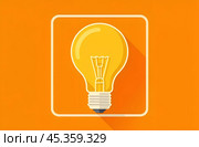 Крупным планом нарисованная жёлтая простая лампочка, вокруг которой нарисована белой линией квадратная рамка на однотонном насыщенном оранжевом фоне. Стоковое AI-изображение, AI-художник Afanaseva Marina / Фотобанк Лори